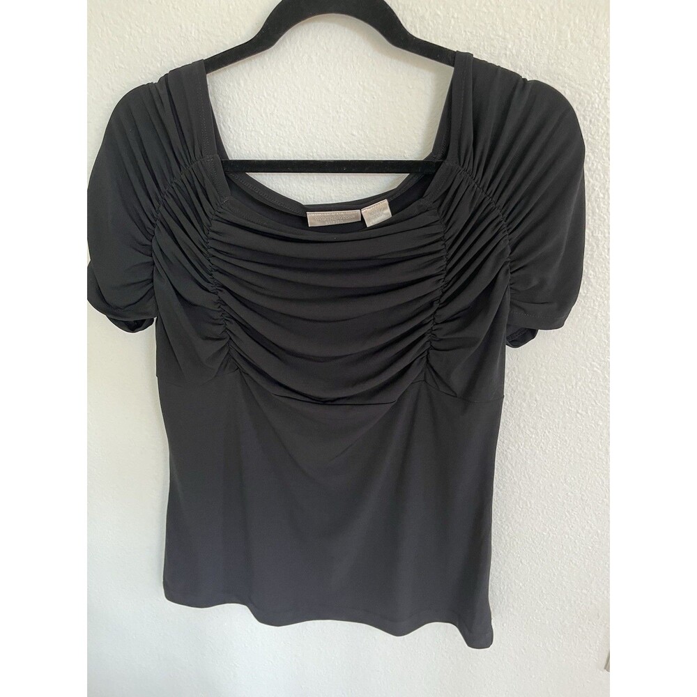Worthington Stretch Womens Top Large Black Shirred Front Pullover Career NWT